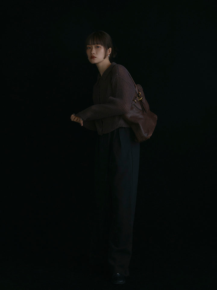 【Allure】[SET]起毛片畦編みシアーポロニット+ラップデザインタックワイドパンツ(2set)