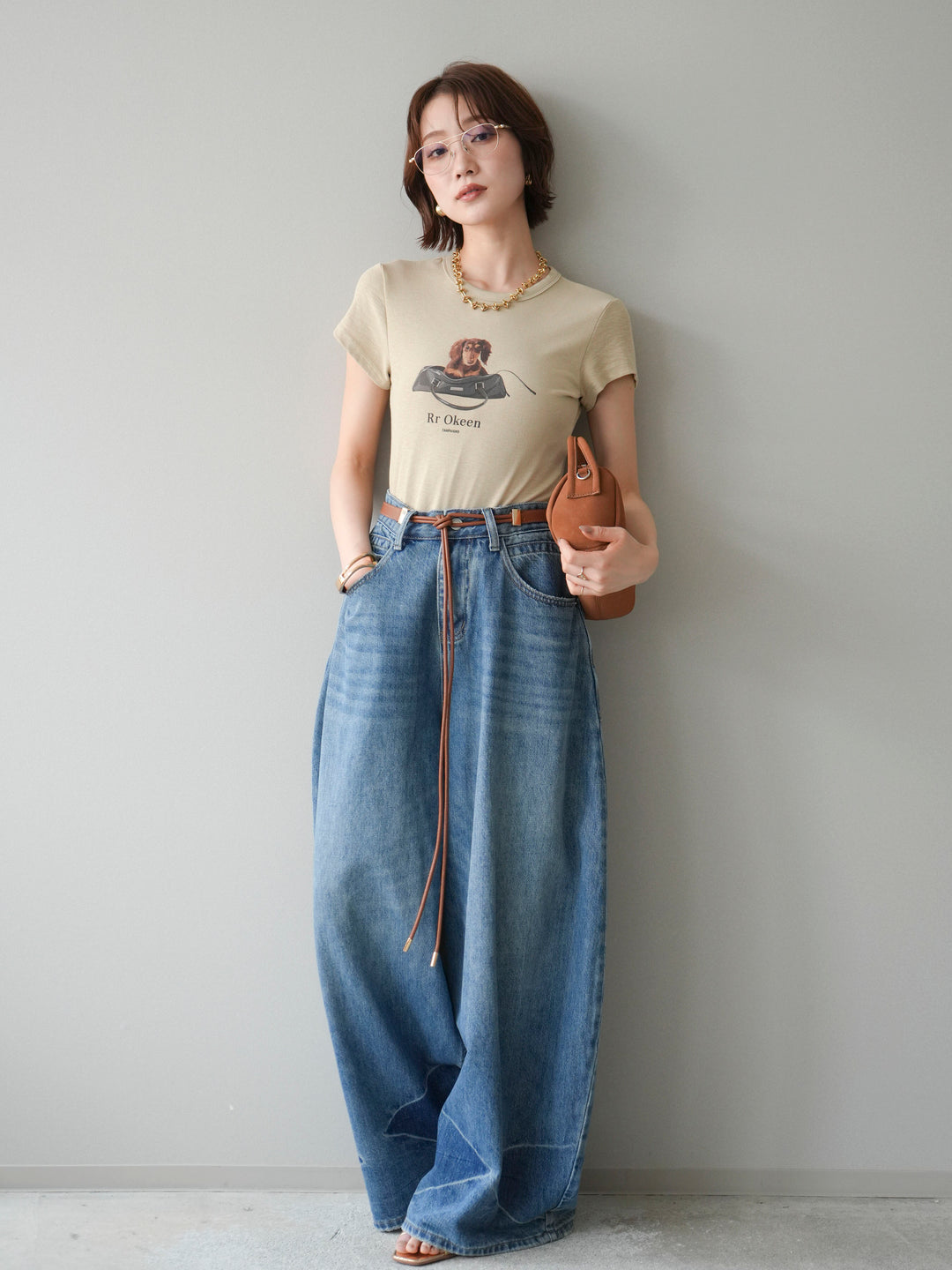 [SET]ドッグコンパクトTEE+ベルト付ボリュームデザインデニム(2set)