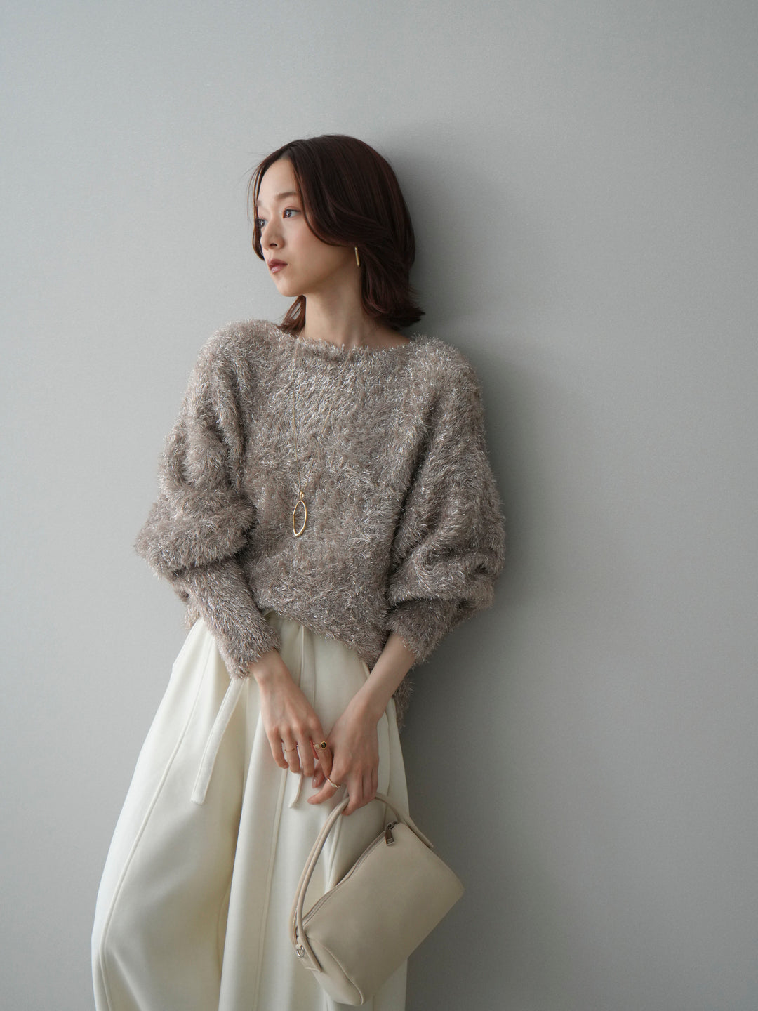 [予約]ラメシャギードルマンニットプルオーバー/beige