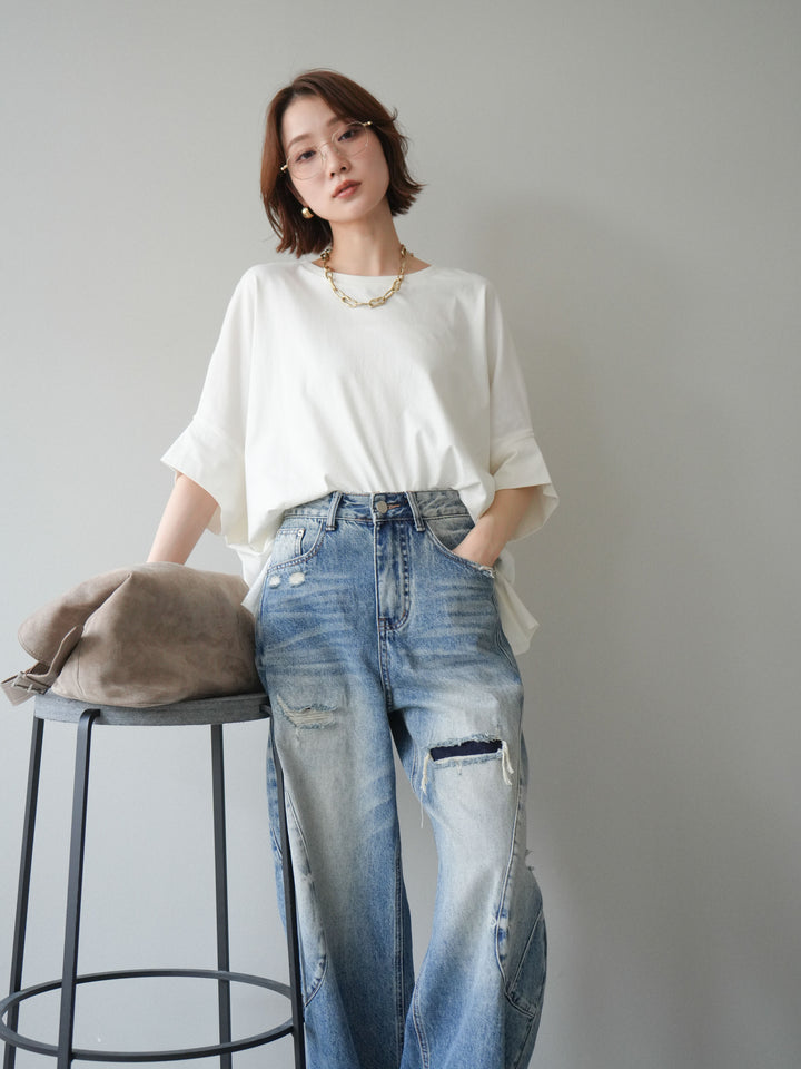 [SET]ドルマンワイドフレアトップス+ダメージカーブワイドデニムパンツ(2set)
