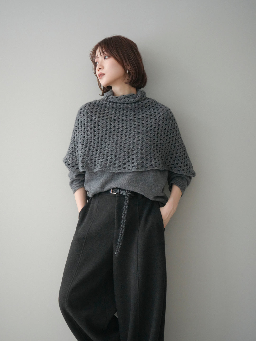 [予約]メッシュケープアンサンブルニットプルオーバー/darkgray