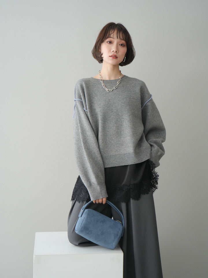 [SET]バックロゴ刺繍配色ステッチニットプルオーバー+選べるアクセセット(2set)