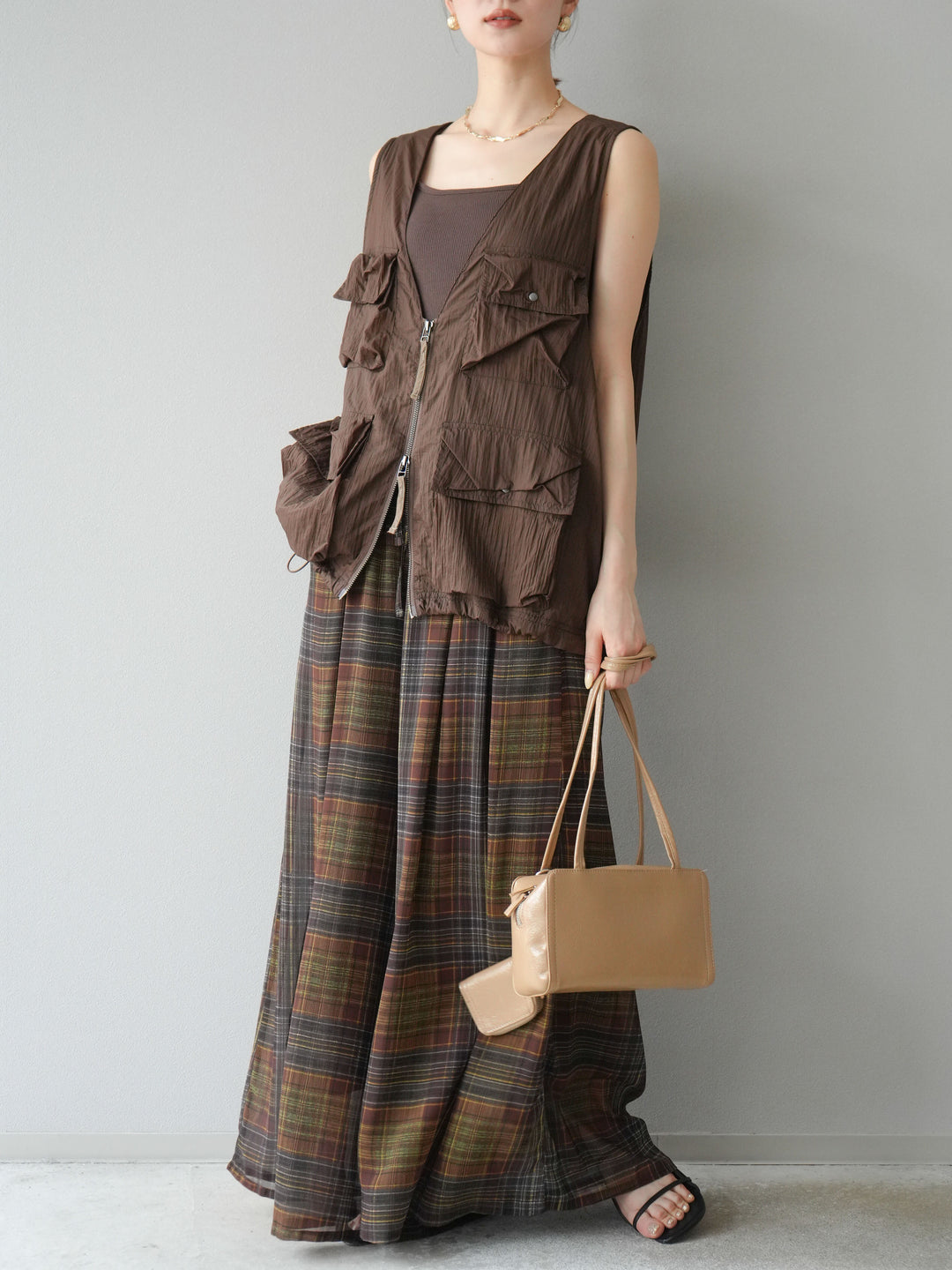 [預購] 透視格紋寬鬆褲/棕色