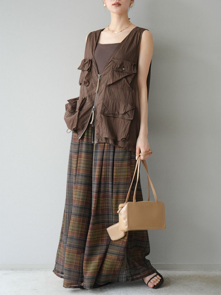 [預購] 透視格紋寬鬆褲/棕色