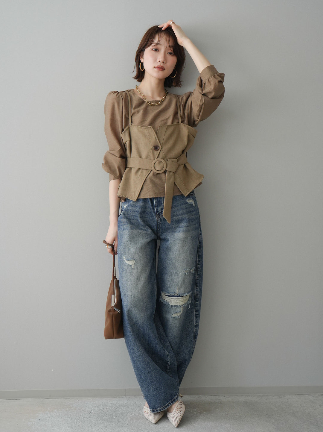 [SET]異素材ビスチェドッキングブラウス+ダメージデニムセミワイドパンツ(2set)