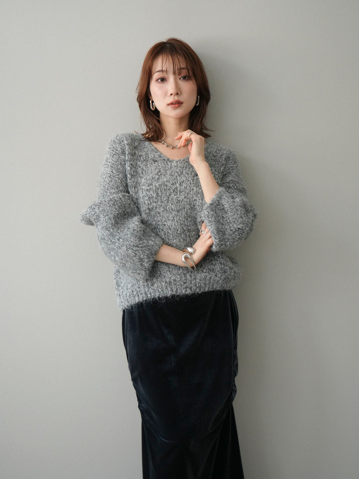 [予約]Vネックミックスヤーンニットプルオーバー/gray