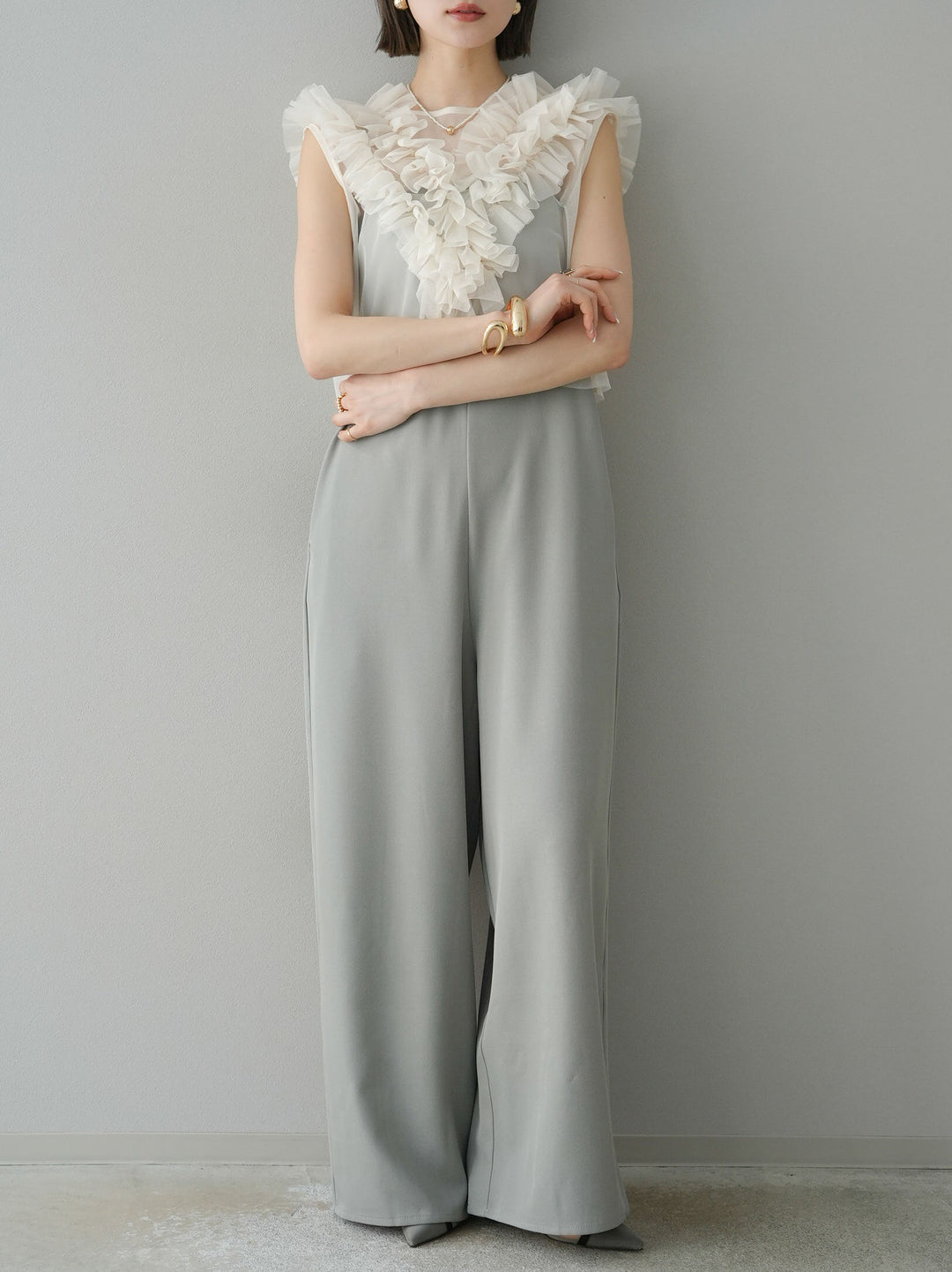 [預訂] 薄紗荷葉邊背心 x 連身套裝/灰色