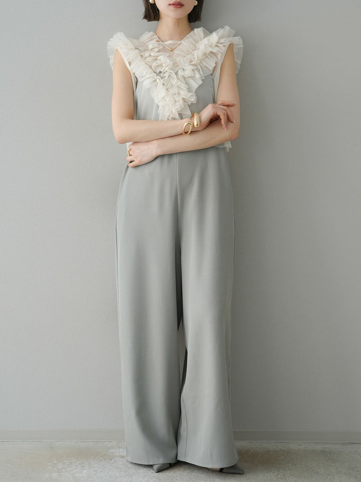 [預訂] 薄紗荷葉邊背心 x 連身套裝/灰色