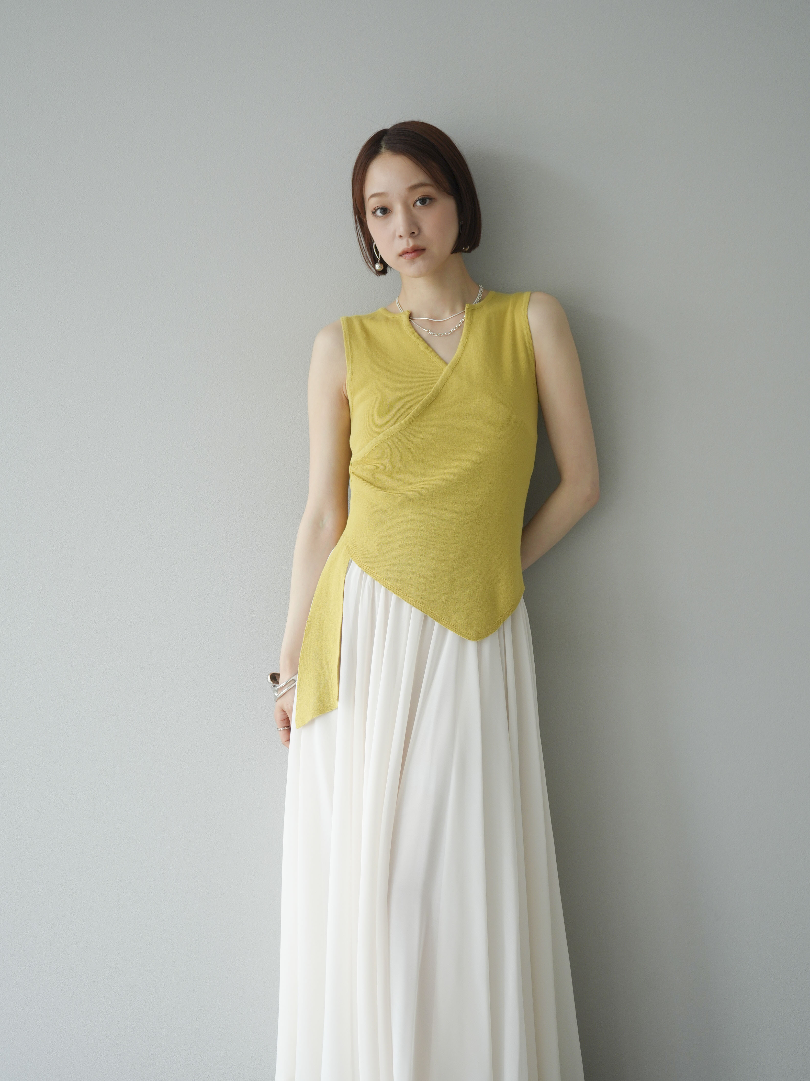 SET]カシュクールノースリーブニットトップス+シフォンフレアスカート