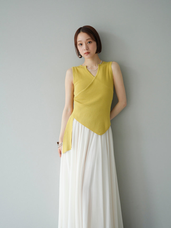 [SET]カシュクールノースリーブニットトップス+シフォンフレアスカート(2set)