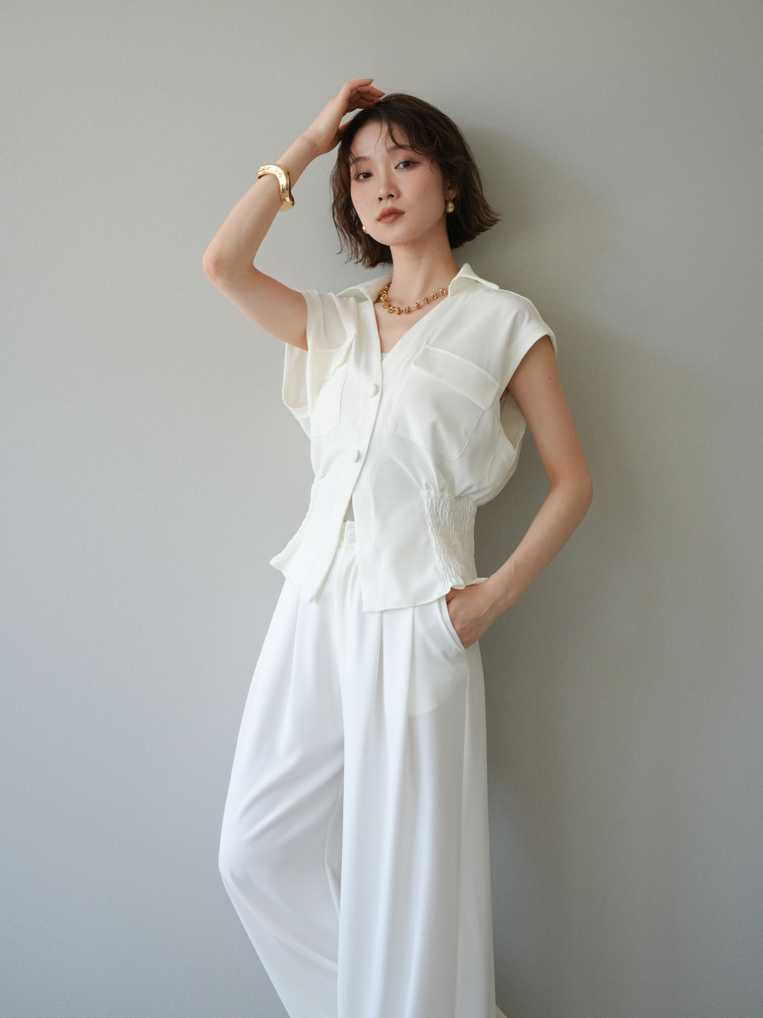 【套裝】法式束腰襯衫與寬褲套裝（2 套）