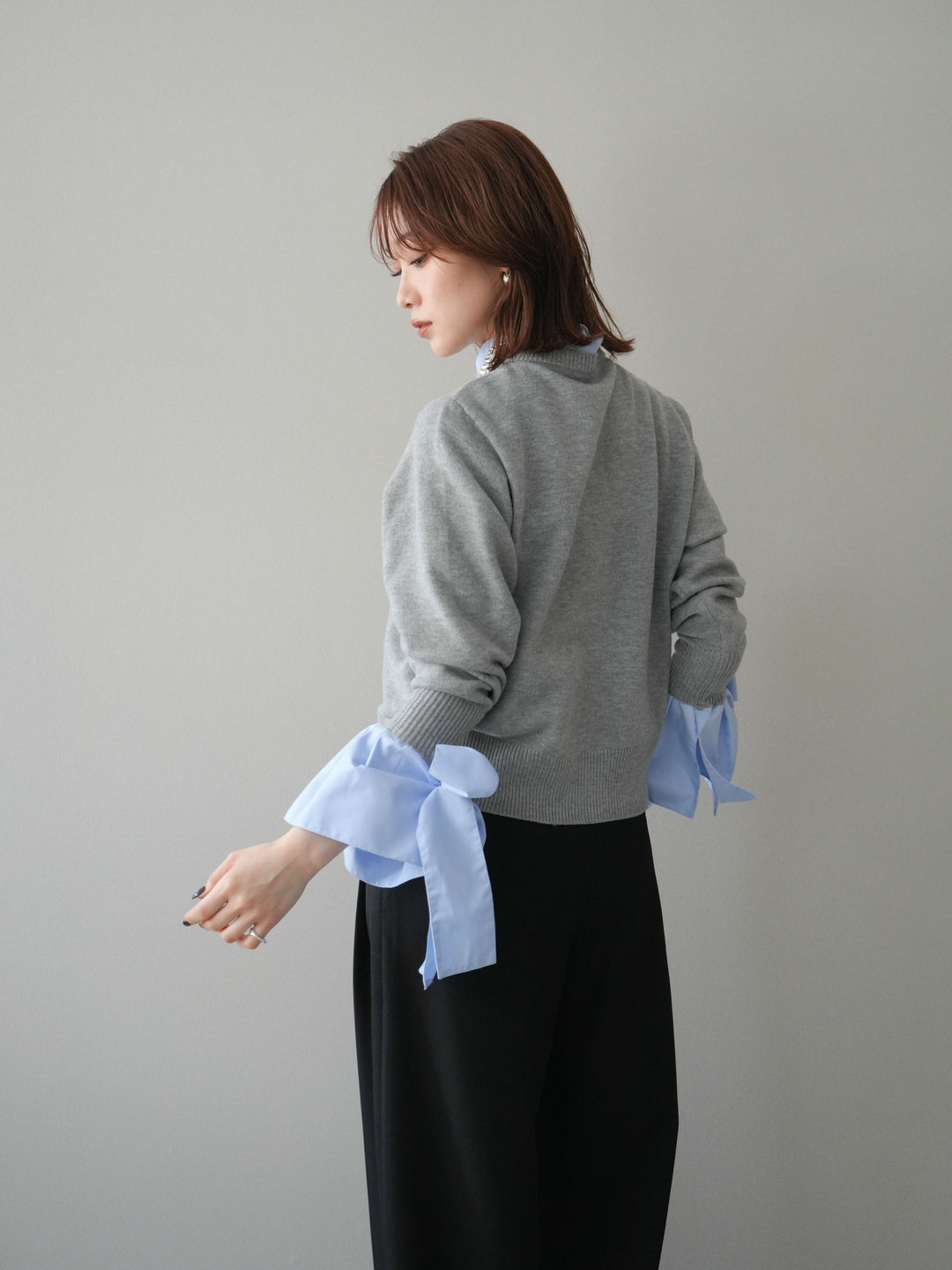 [予約]ウールライクリボンシャツカーディガン/gray