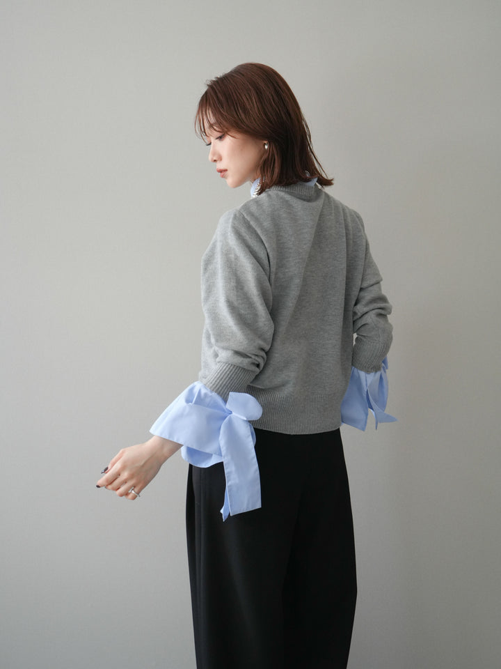 [予約]ウールライクリボンシャツカーディガン/gray