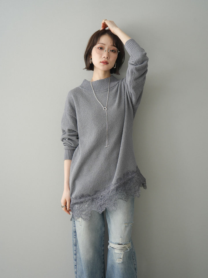 [SET]アシンメトリーレースヘムニットプルオーバー+ダメージデニムセミワイドパンツ(2set)