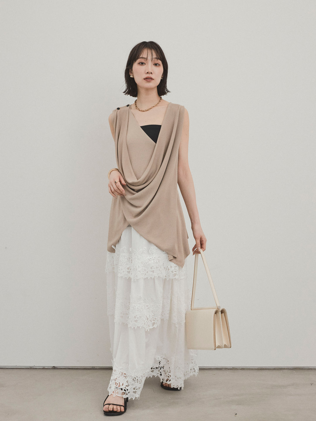 [SET]ドライタッチドレープニットプルオーバー+スカラップレースロングスカート(2set)