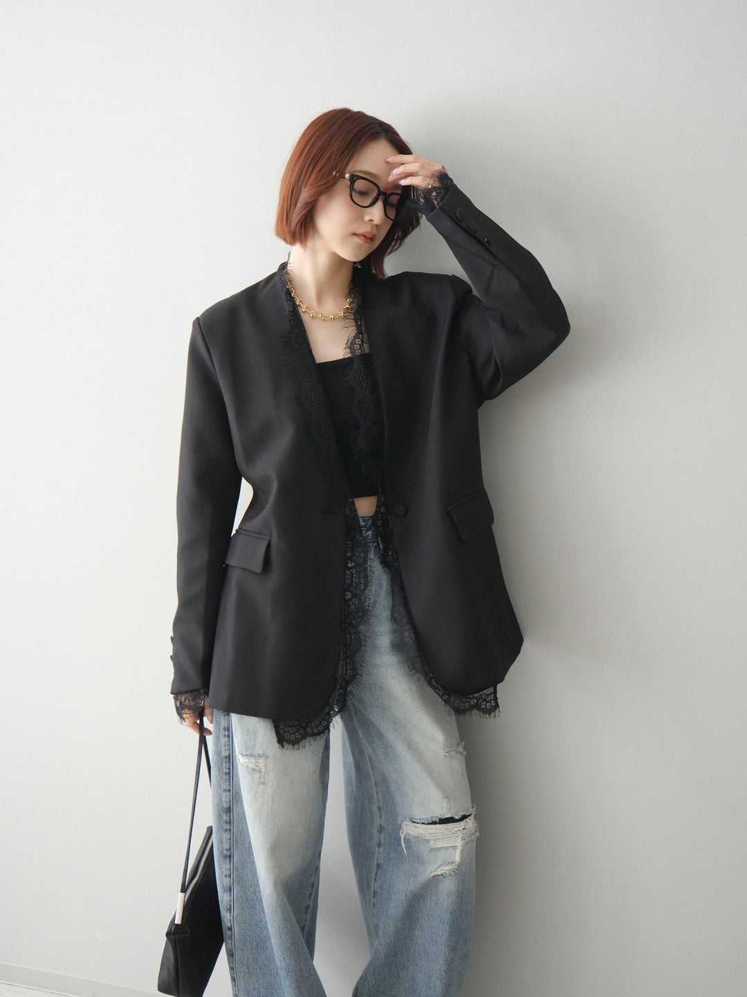 [SET]ノーカラーレースジャケット+カップ付テレコリブベアキャミソール+ダメージデニムセミワイドパンツ(3set)