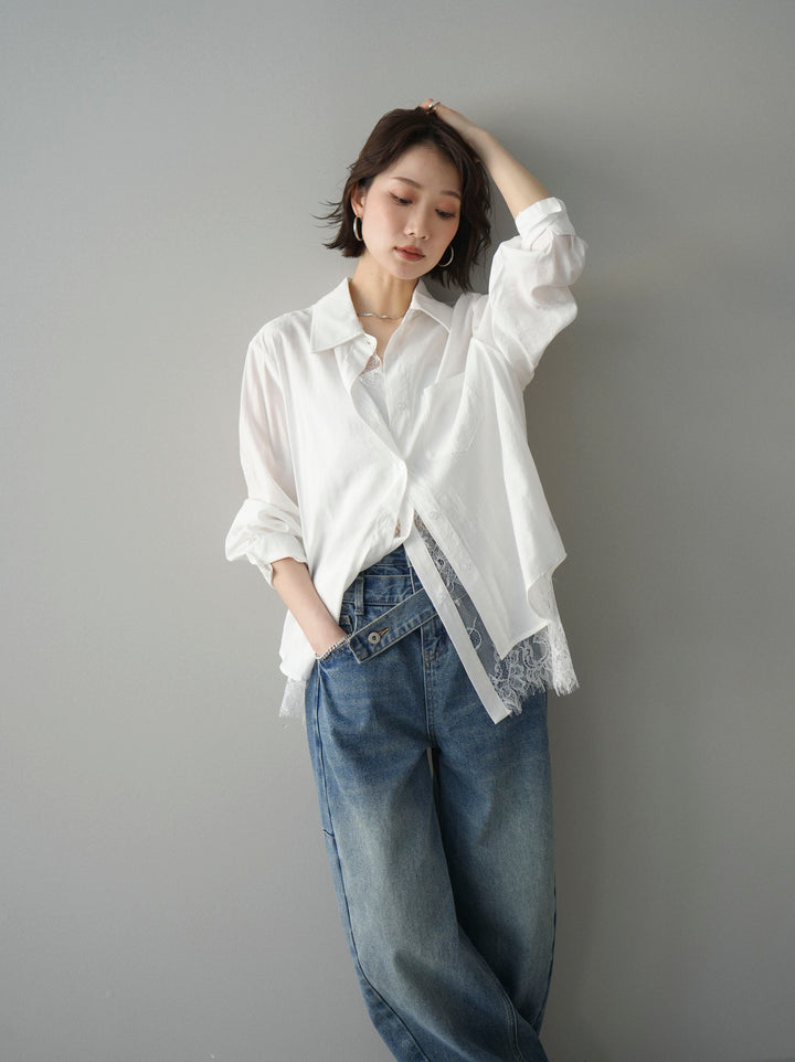 [予約]レイヤードデザイン裾レースブラウス/white