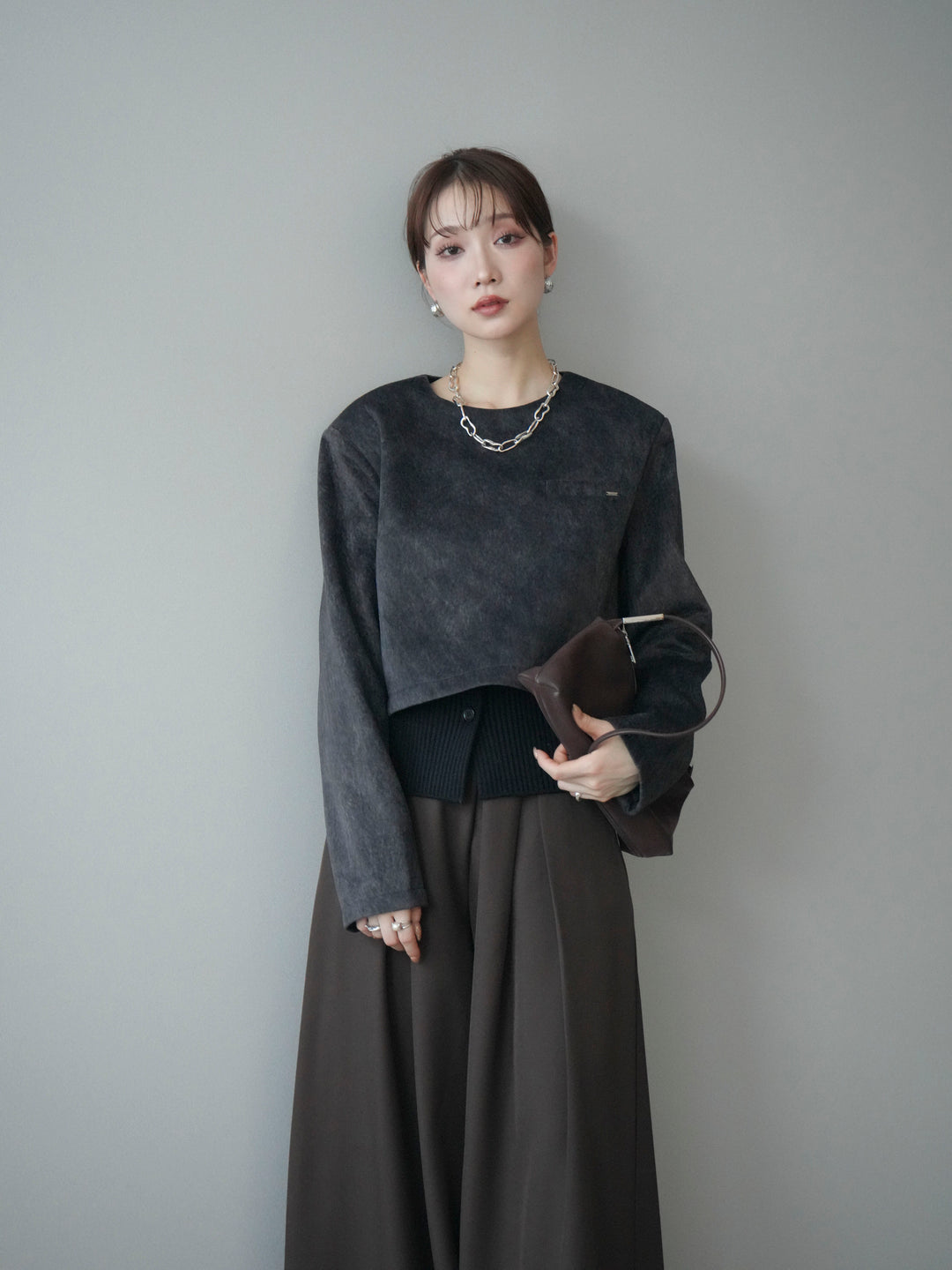 [予約]リブニットレイヤードスエードプルオーバー/charcoal