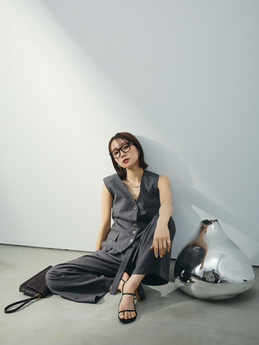 [SET]フラワーモチーフレースアップジレ＆ベルト付ワイドパンツSET UP(2set)