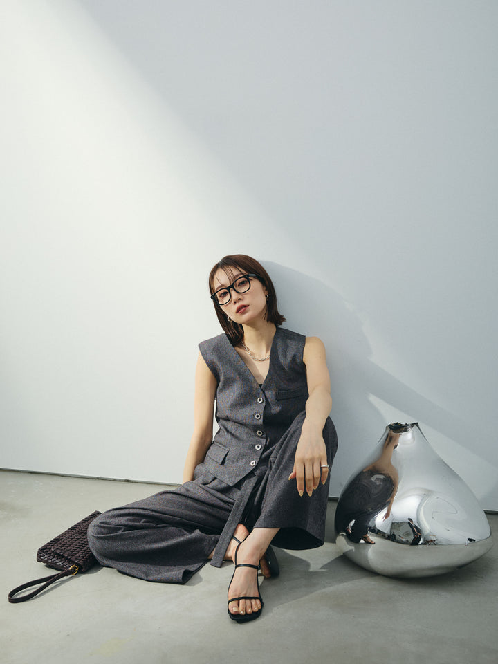 [SET]フラワーモチーフレースアップジレ＆ベルト付ワイドパンツSET UP(2set)