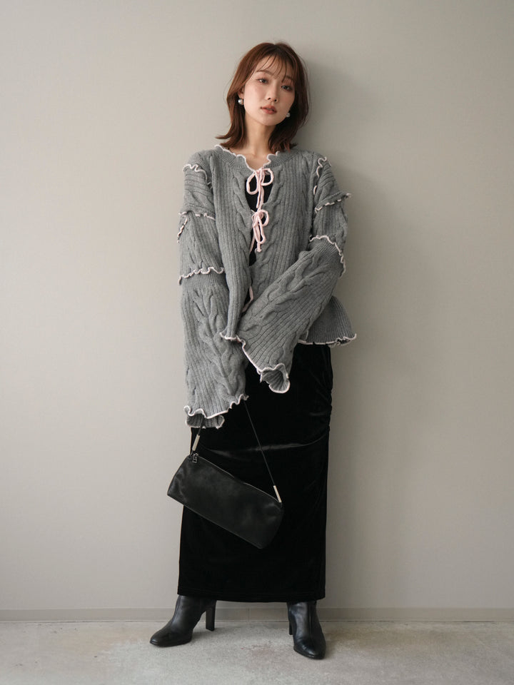 [SET]フロントリボン配色メローニットカーディガン+ギャザーベロアスカート(2set)