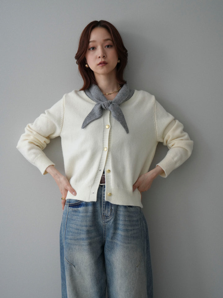 [SET]デザイン襟ニットカーディガン+ベルト付カーブデニムパンツ(2set)