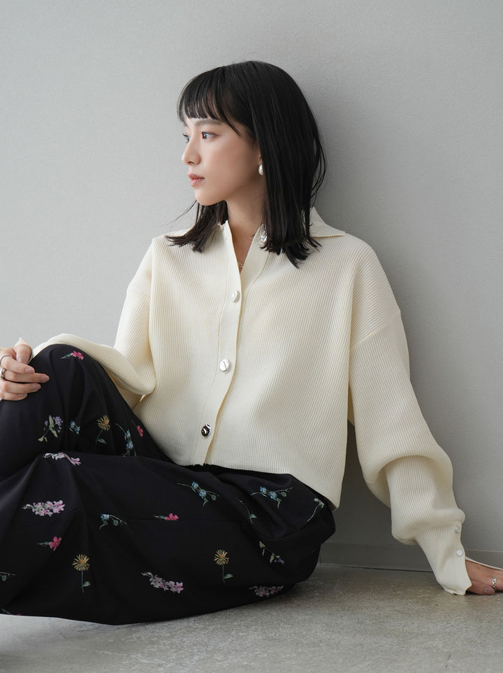 [SET]ボリュームスリーブポロニットカーディガン+フラワーアートプリントタックパンツ(2set)