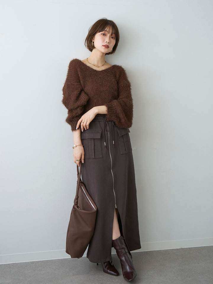 [SET]Vネックシャギークロップニットトップス+フロントZIPポケットデザインスウェットスカート(2set)