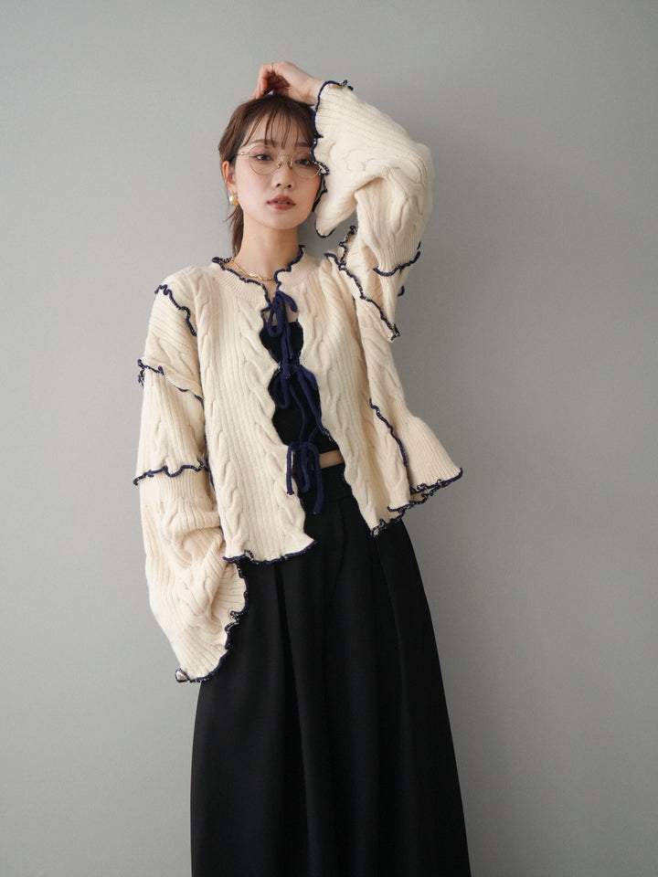 [SET]フロントリボン配色メローニットカーディガン+選べるアクセセット(2set)