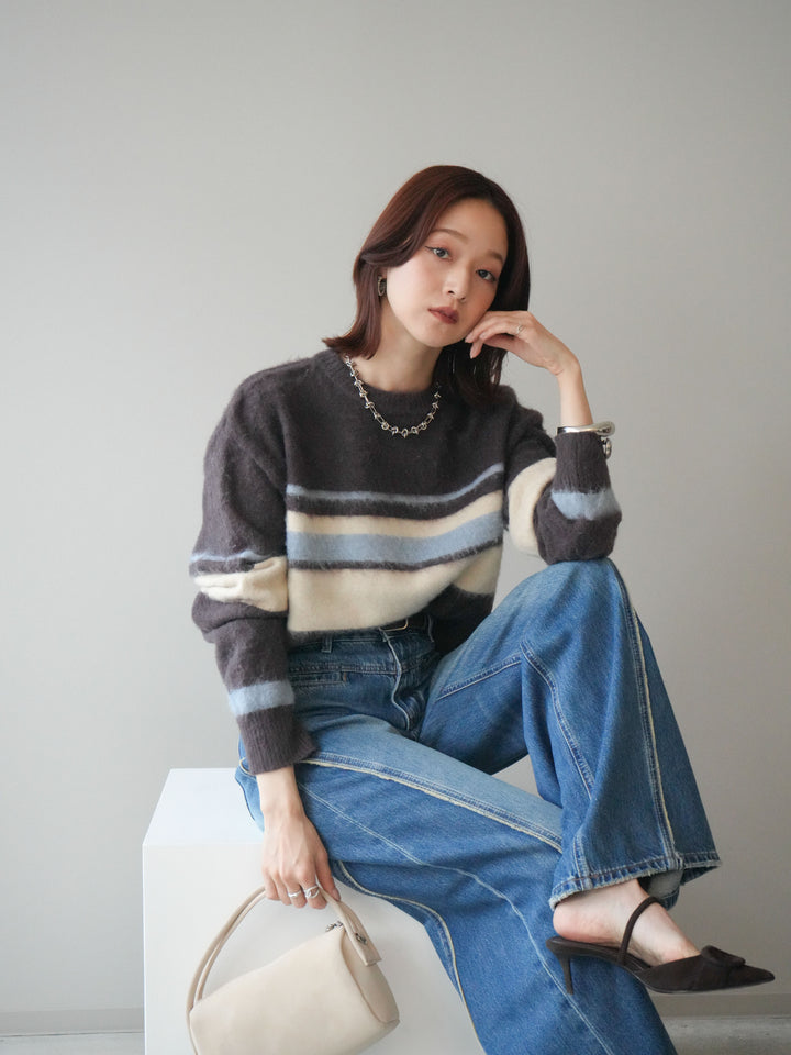 [SET]ソフトタッチボーダークロップドニットプルオーバー+サイドフリンジワイドデニムパンツ(2set)