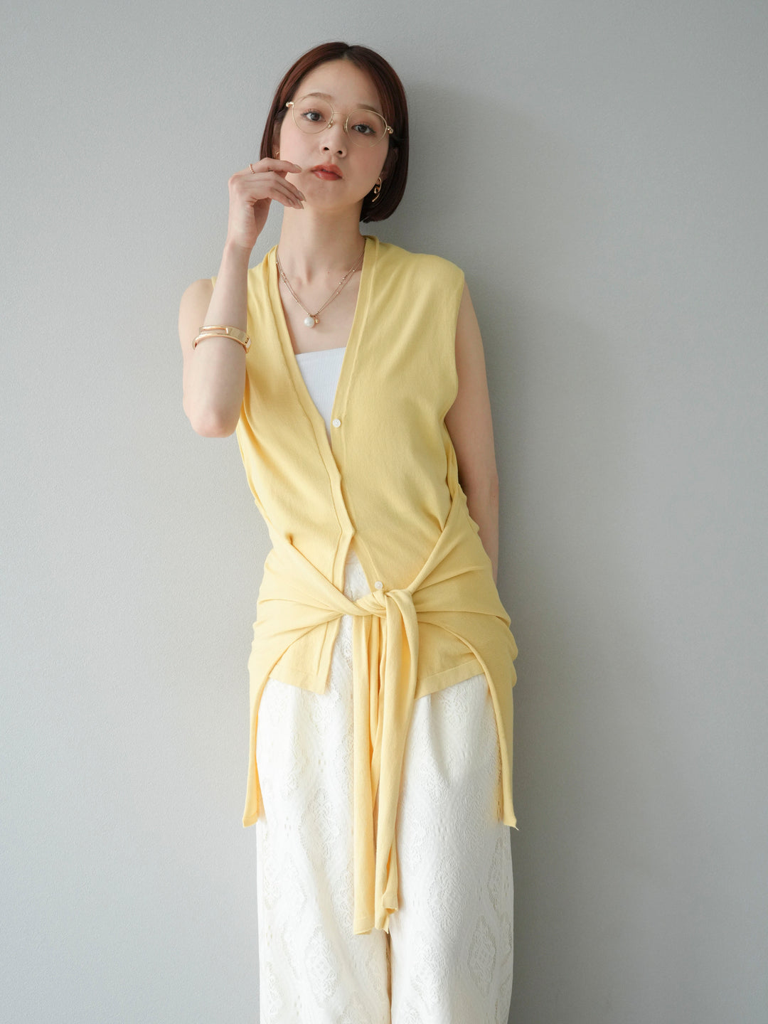 [SET]腰巻きデザインノースリーブニットカーディガン+レースタックイージーパンツ(2set)