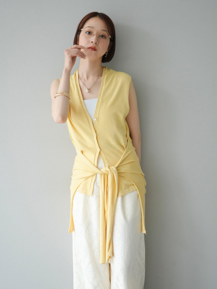 [SET]腰巻きデザインノースリーブニットカーディガン+レースタックイージーパンツ(2set)