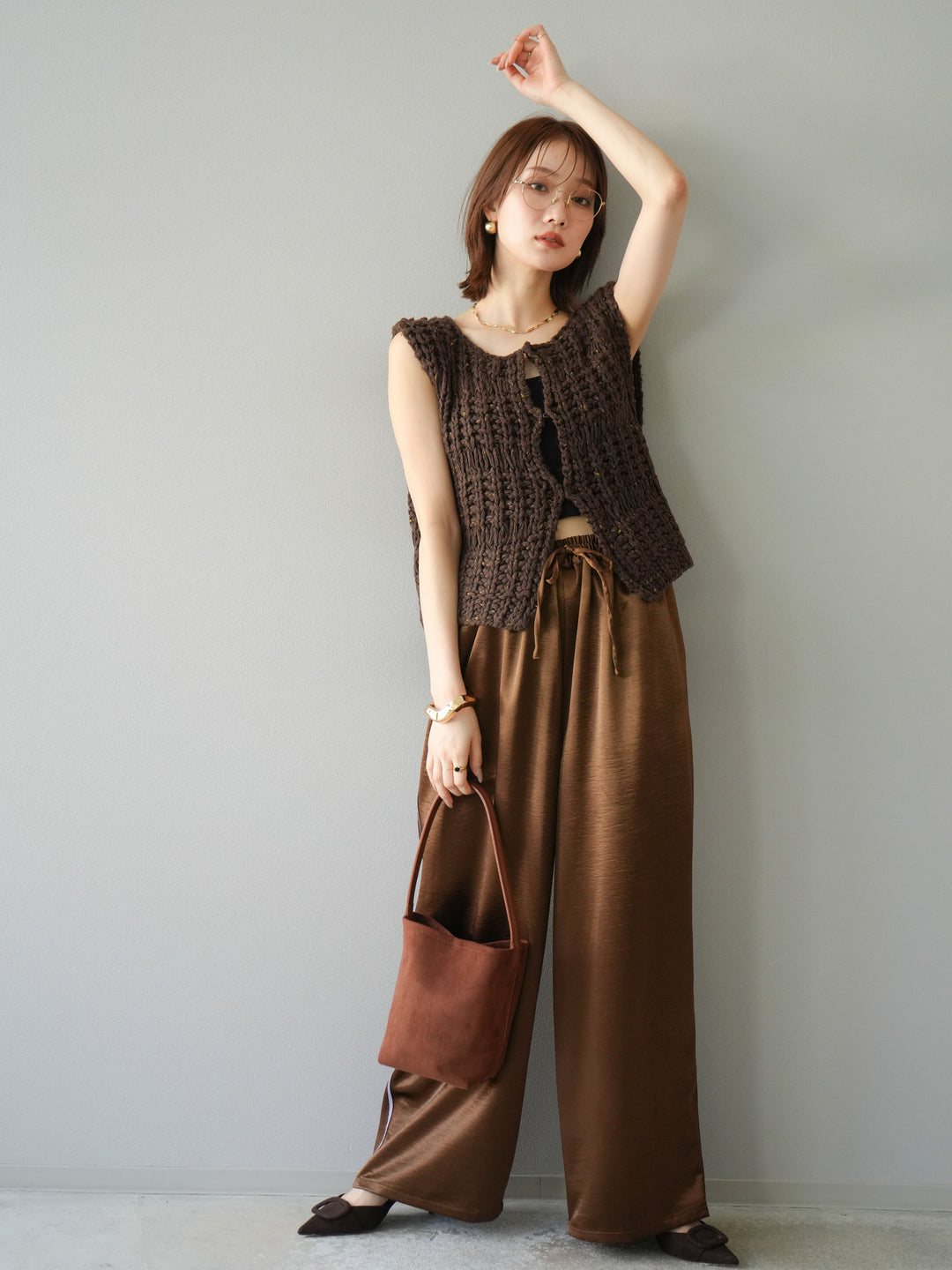 [予約]ミックスヤーンデザイン編みニットベスト/ブラウン