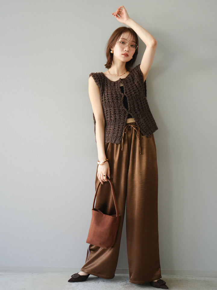 [予約]ミックスヤーンデザイン編みニットベスト/ブラウン