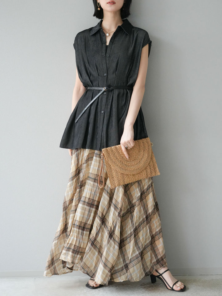 【預訂】天絲牛仔收腰無袖上衣/黑色