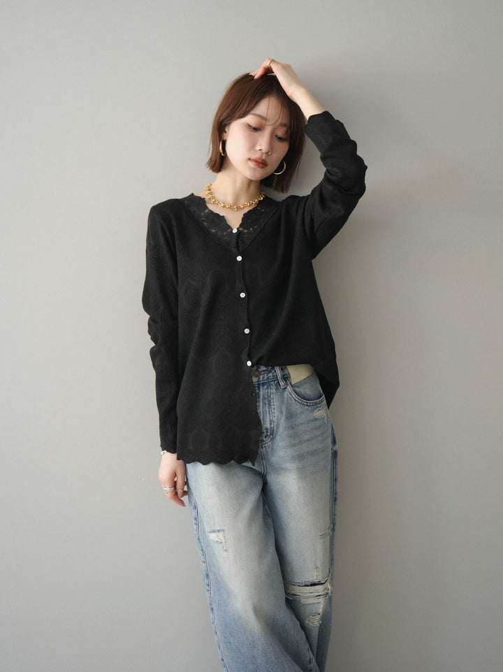 [SET]レースネックジャガードニットカーディガン+ダメージデニムセミワイドパンツ(2set)