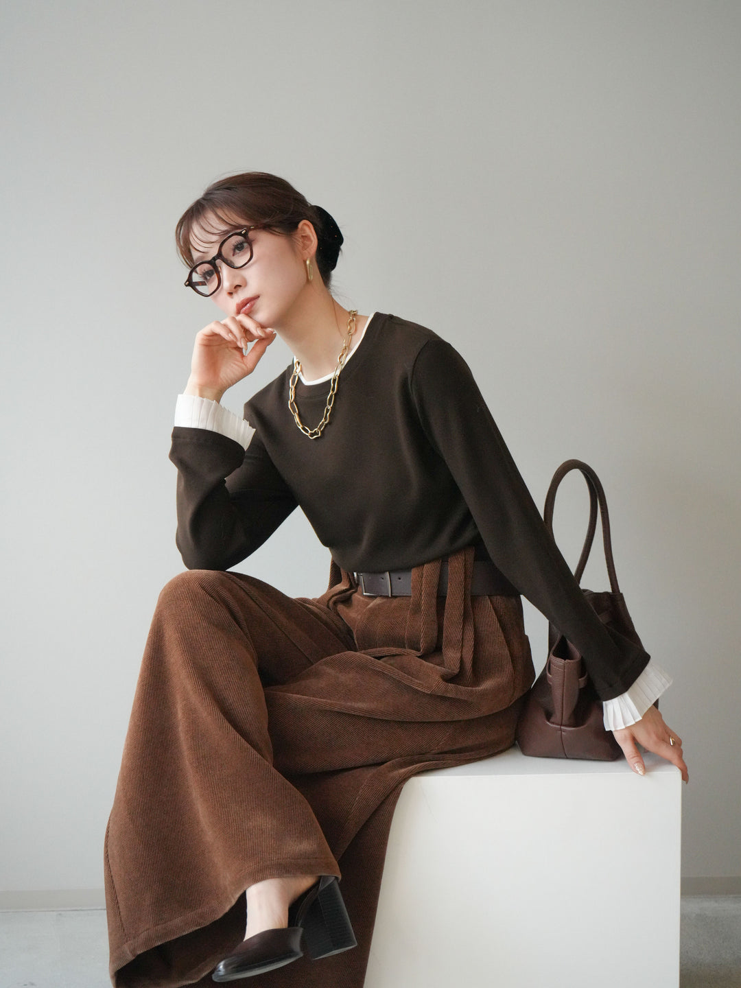 [予約]袖プリーツ配色レイヤードトップス/brown