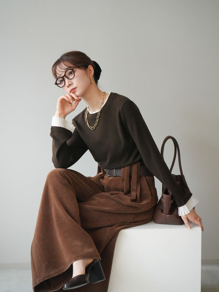 [予約]袖プリーツ配色レイヤードトップス/brown