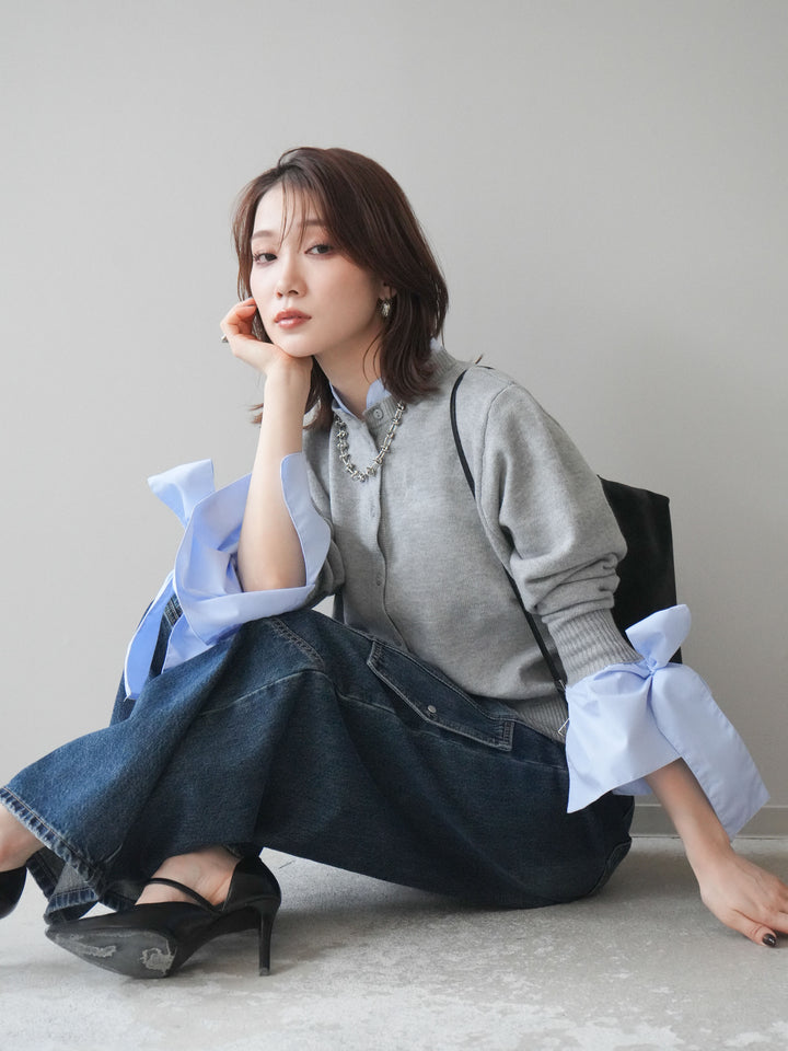 [予約]ウールライクリボンシャツカーディガン/gray