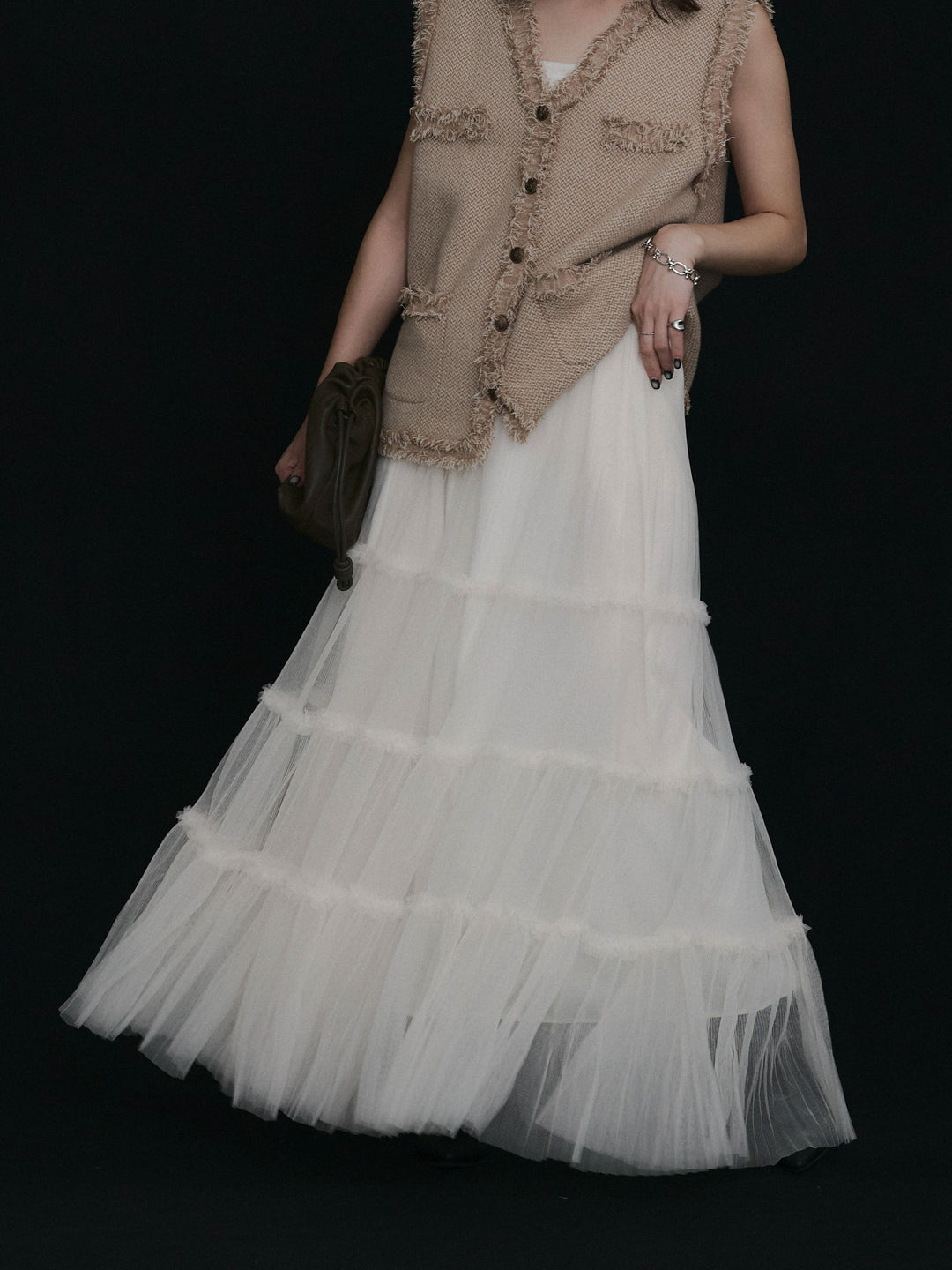 【Allure】[SET]アンティークボタンツイードフリンジニットベスト+アンティークボタンツイードフリンジニットベスト(2set)