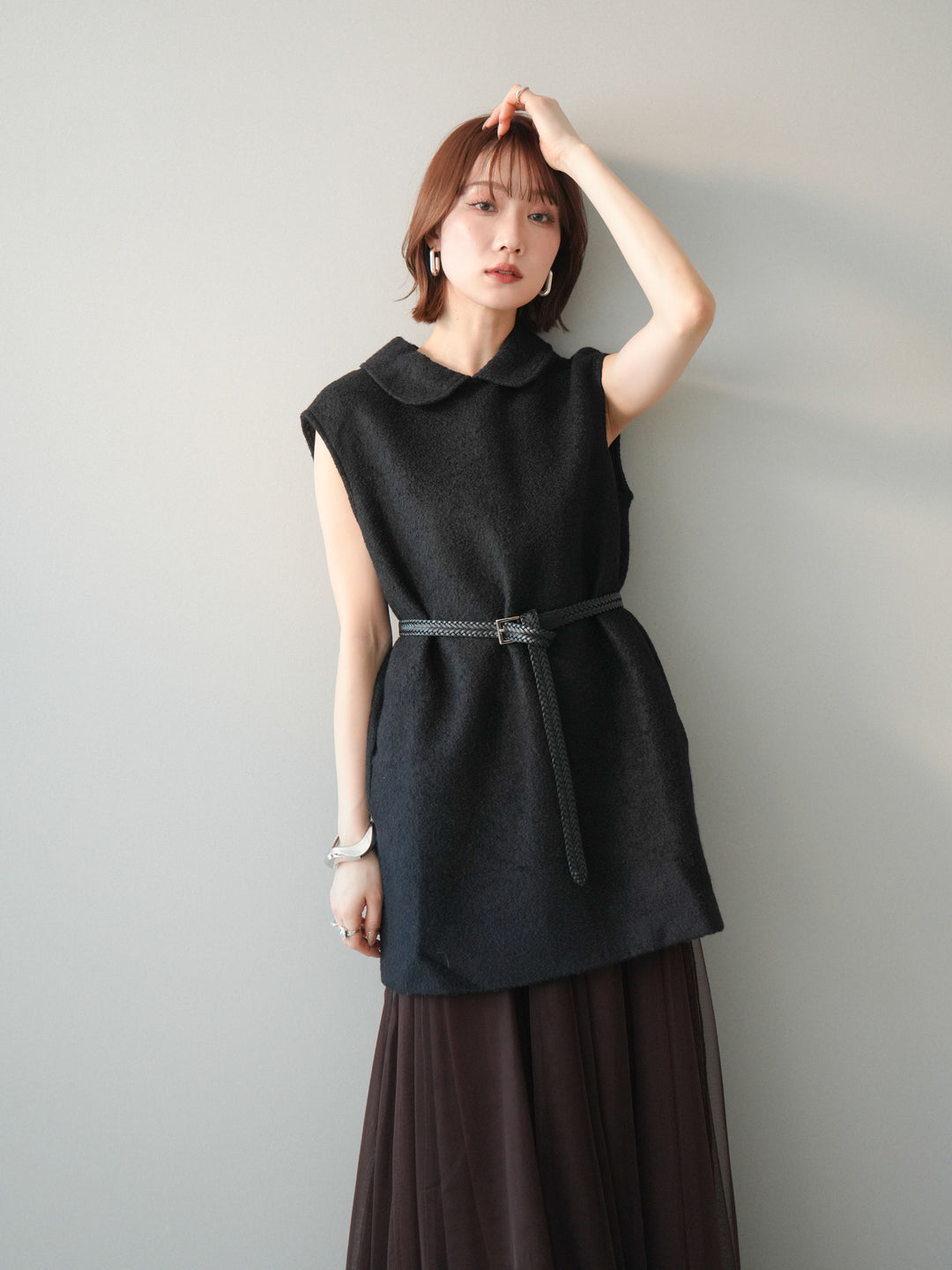 [SET]襟付きブークレミニワンピース+チュールボリュームスカート(2set)