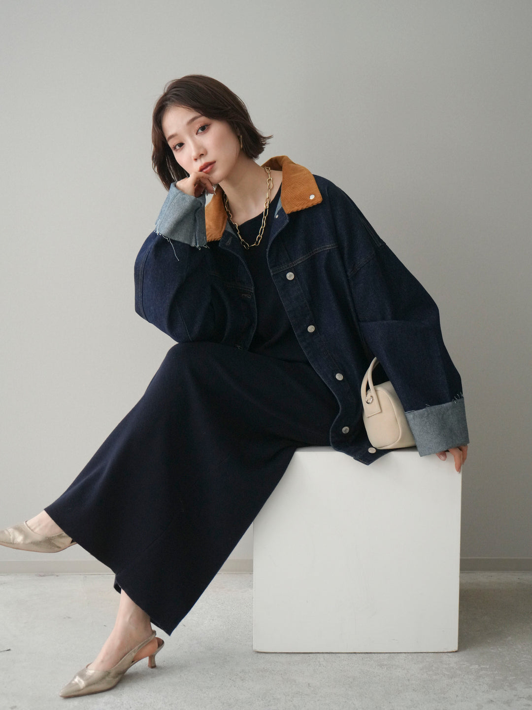 [SET]2WAYニットワンピース+コーデュロイ×デニムミドルジャケット(2set)