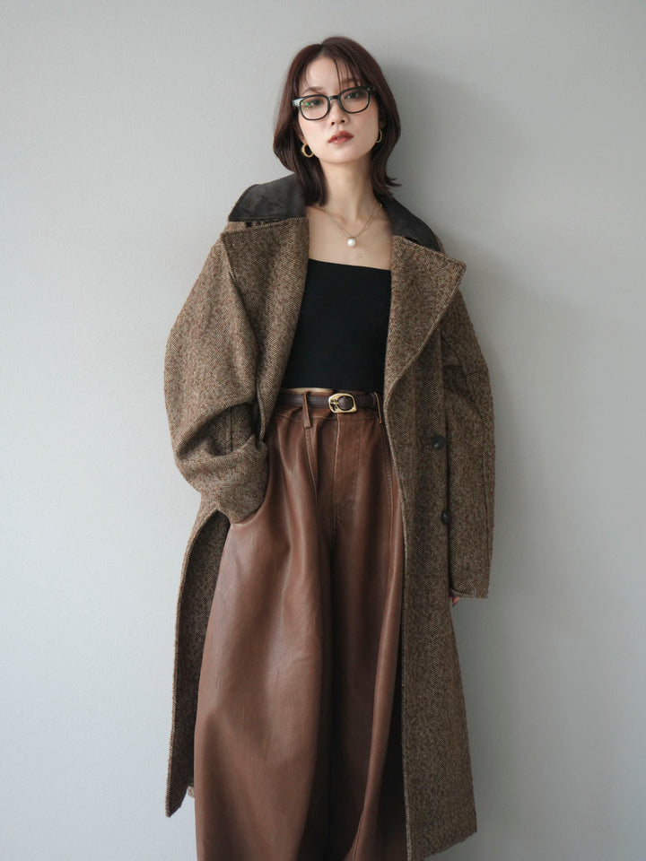 [予約]ネップヘリンボーンレザー襟チェスターコート/brown