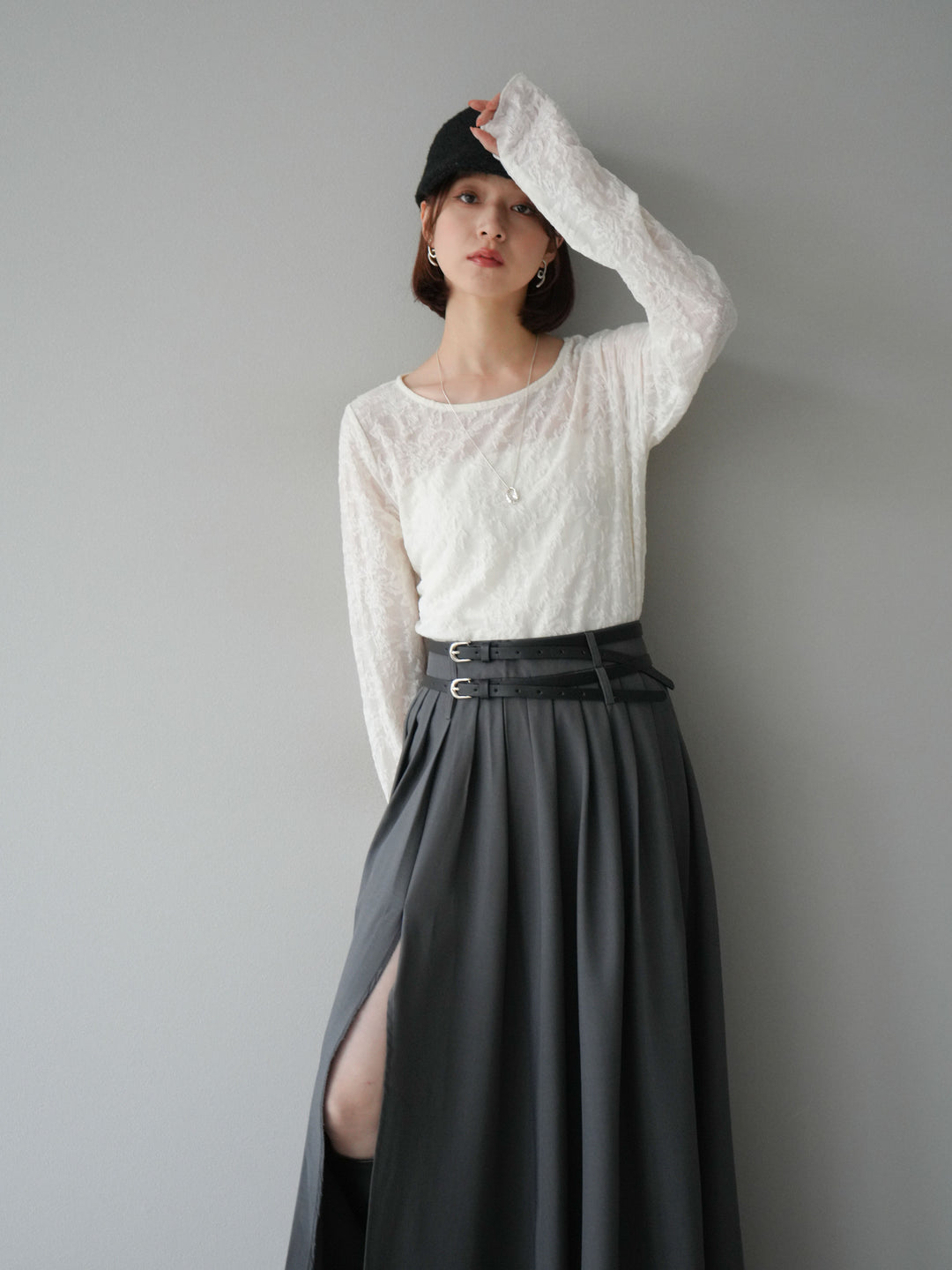 [SET]シアージャガードトップス+エステルプリーツスリットスカート(2set)