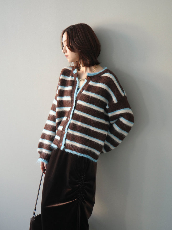 [予約]ウールタッチ配色ボーダーニットカーディガン/brown