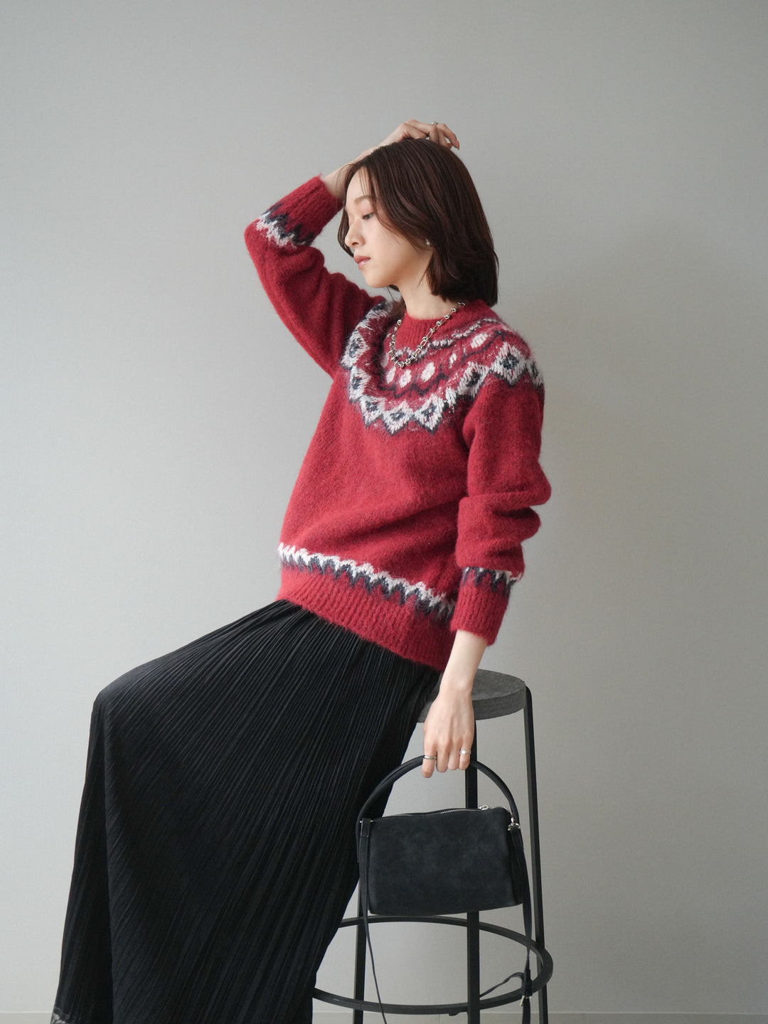 [SET]ソフトタッチ求心柄ニットプルオーバー+裾レーススウェードプリーツマキシスカート(2set)