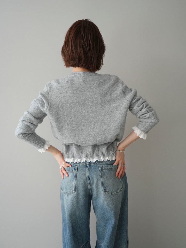 [予約]スカラップレース切り替ニットカーディガン/lightgray