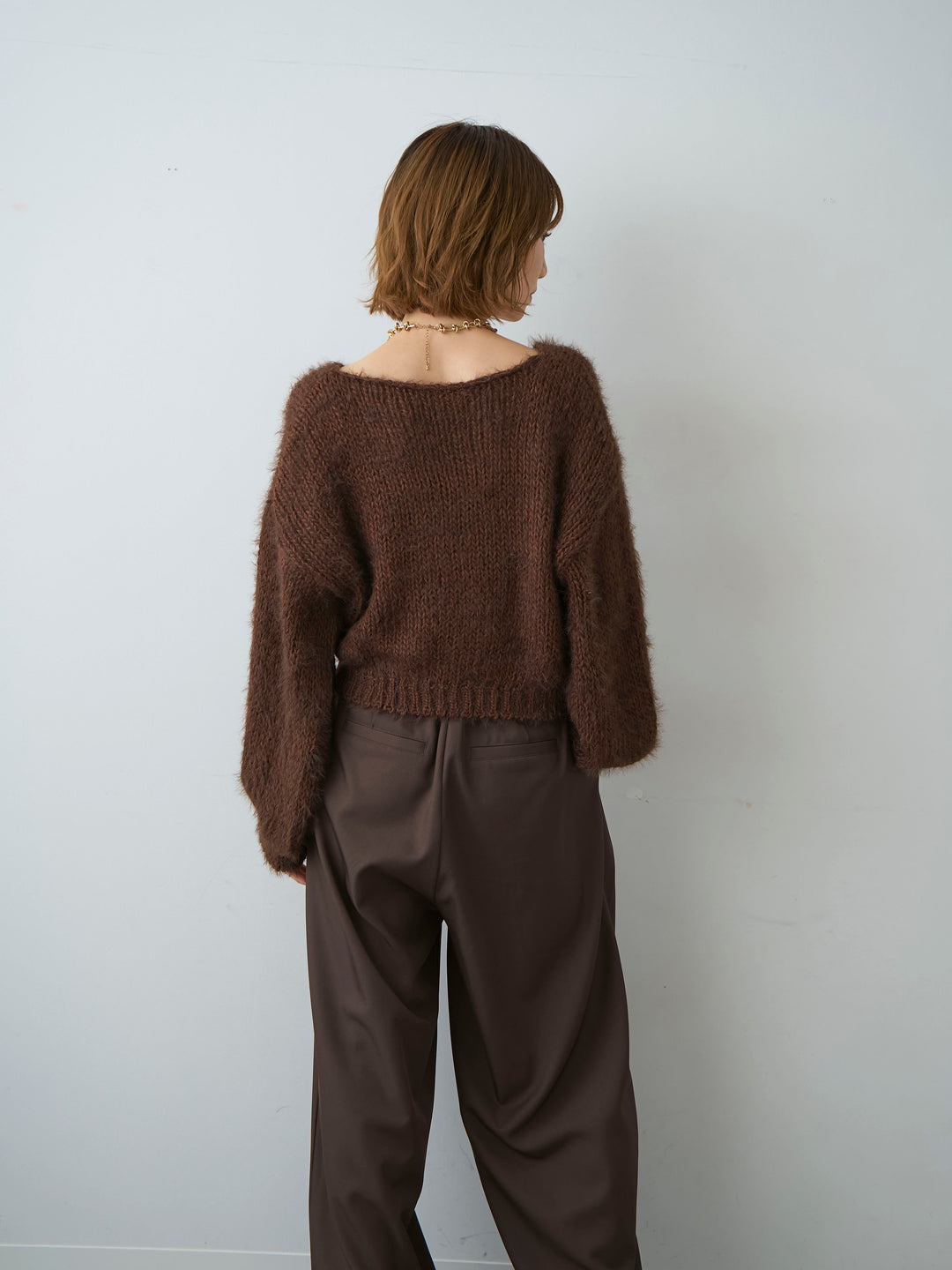 [SET]Vネックシャギークロップニットトップス+ツイルタックワイドパンツ(2set)
