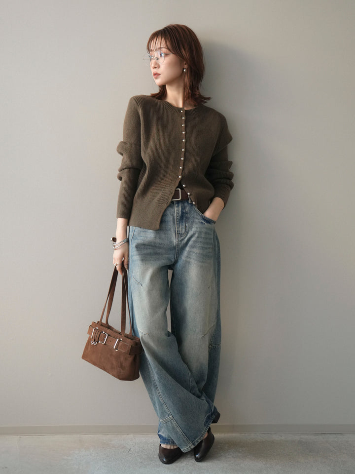 [予約]シルバーボタン畦編みニットカーディガン/brown