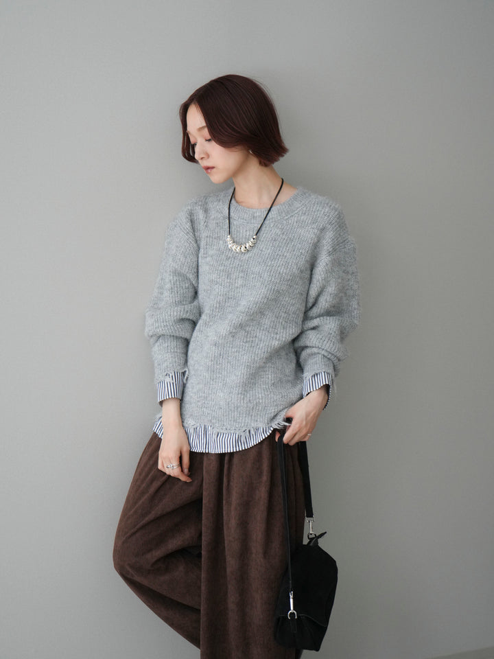 [SET]裾シャツレイヤードダメージニットプルオーバー+コーデュロイサイドタックコクーンパンツ(2set)